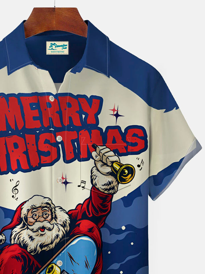 Camisas hawaianas azules navideñas para hombre de Alohadaddy, camisa elástica con bolsillo y estampado de dibujos animados de Papá Noel en patineta, talla grande