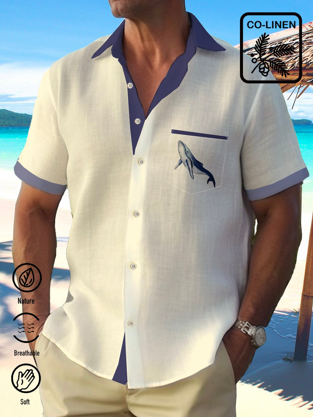Alohadaddy  Cotton Linen Coconut Whale Basics Casual Print Men&