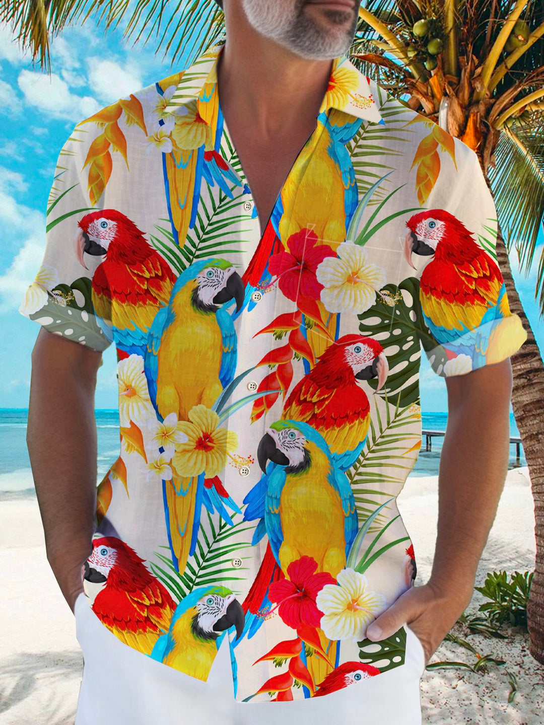 Chemise Aloha Hawaii grande taille pour homme avec imprimé perroquet et plante Alohadaddy