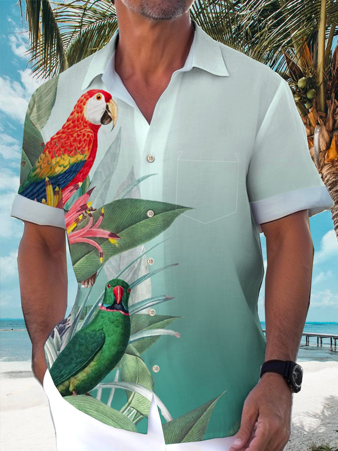 Chemise Aloha grande et grande taille pour homme avec imprimé feuilles tropicales et perroquets Alohadaddy