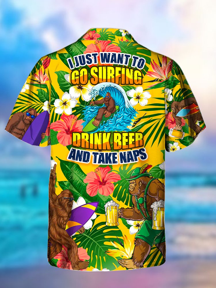 Alohadaddy Camp Collar Bigfoot Surf Print Beach Men&