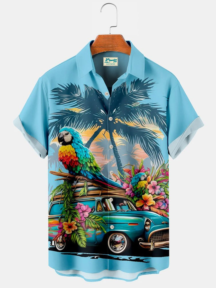 Camisa hawaiana de playa para hombre de talla grande y alta con estampado de cocoteros y loros de bolsillo de Alohadaddy