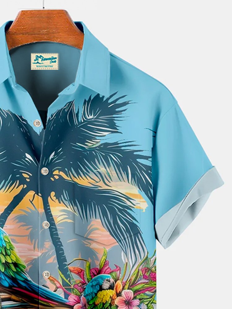 Camisa hawaiana de playa para hombre de talla grande y alta con estampado de cocoteros y loros de bolsillo de Alohadaddy