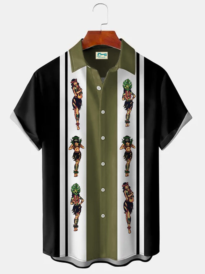 Camisa hawaiana de gran tamaño para hombre con estampado retro de bolos y hula girls de Alohadaddy