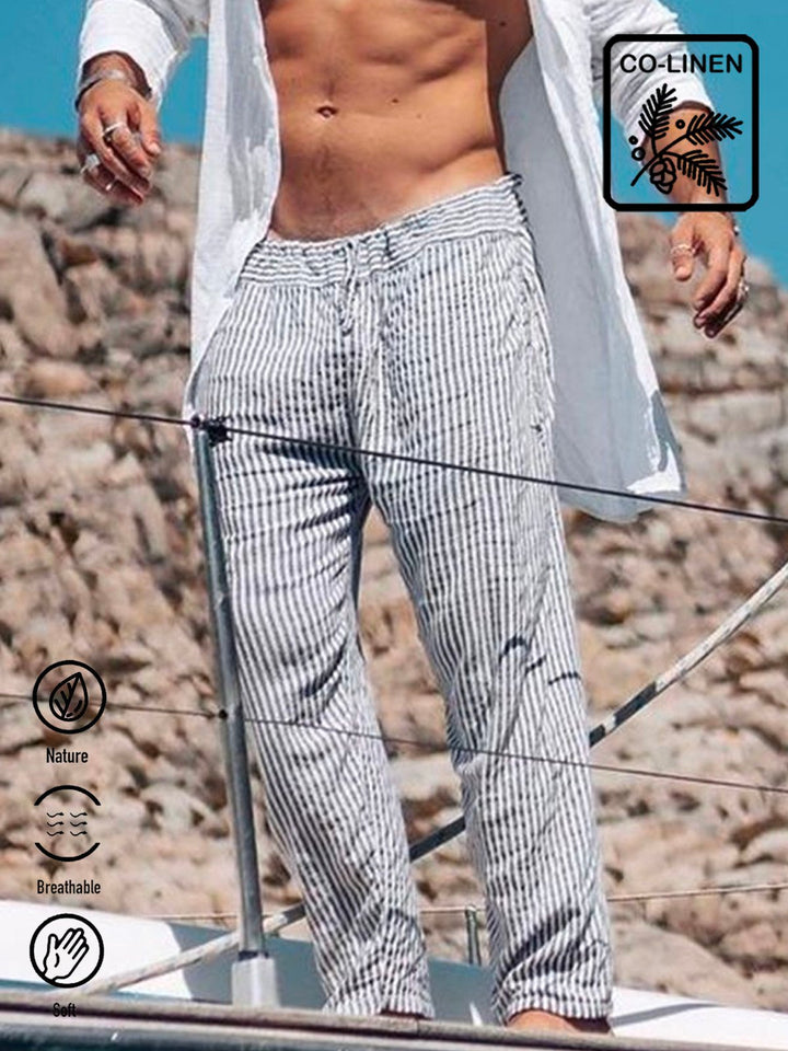 Pantalon décontracté à rayures en coton et lin pour homme, pantalon de villégiature nautique respirant