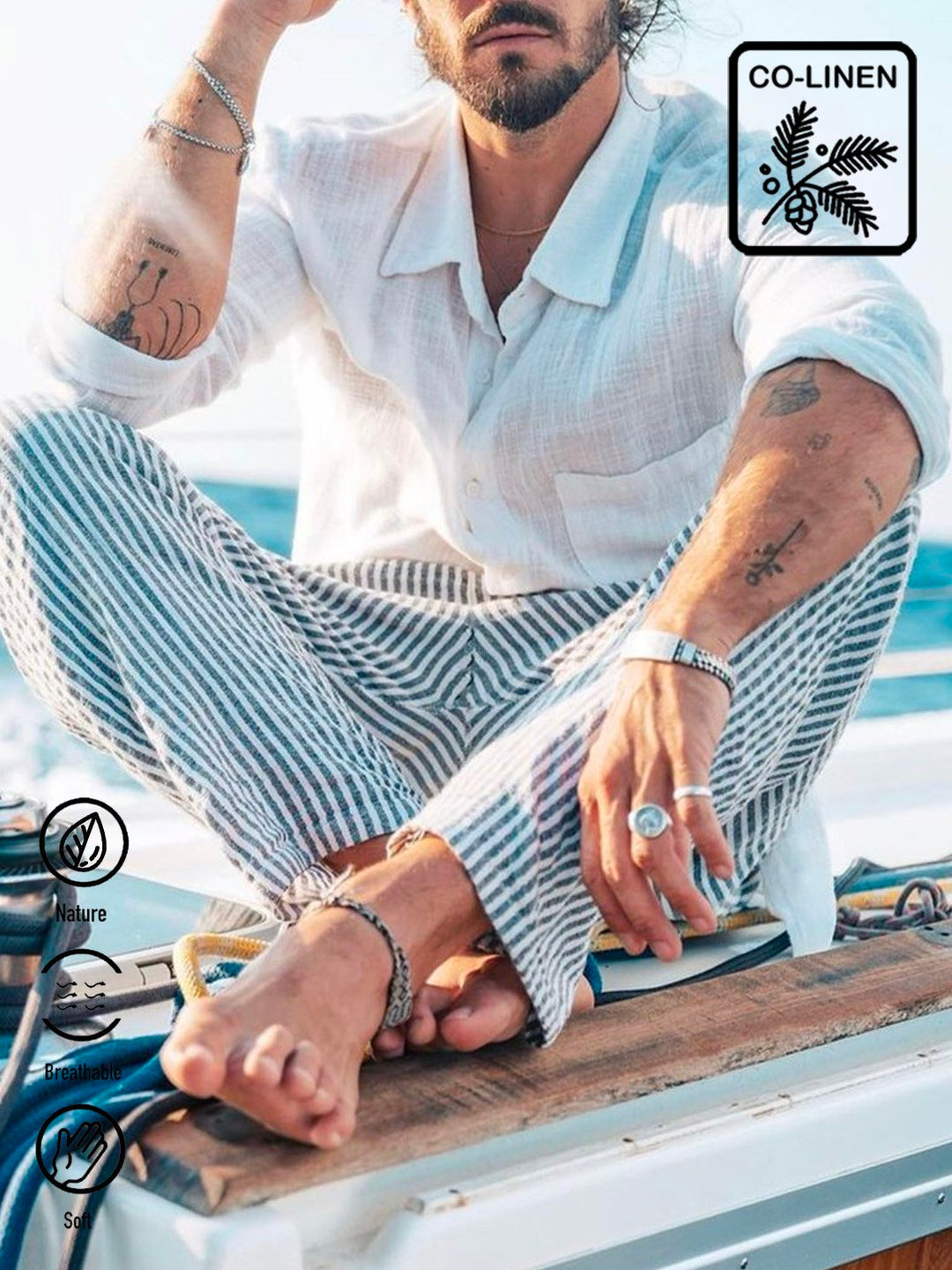Pantalon décontracté à rayures en coton et lin pour homme, pantalon de villégiature nautique respirant