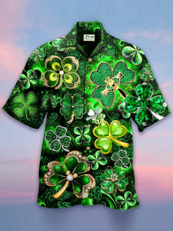 Camisa hawaiana de hombre con estampado de trébol y elastano de gran tamaño para la festividad de San Patricio