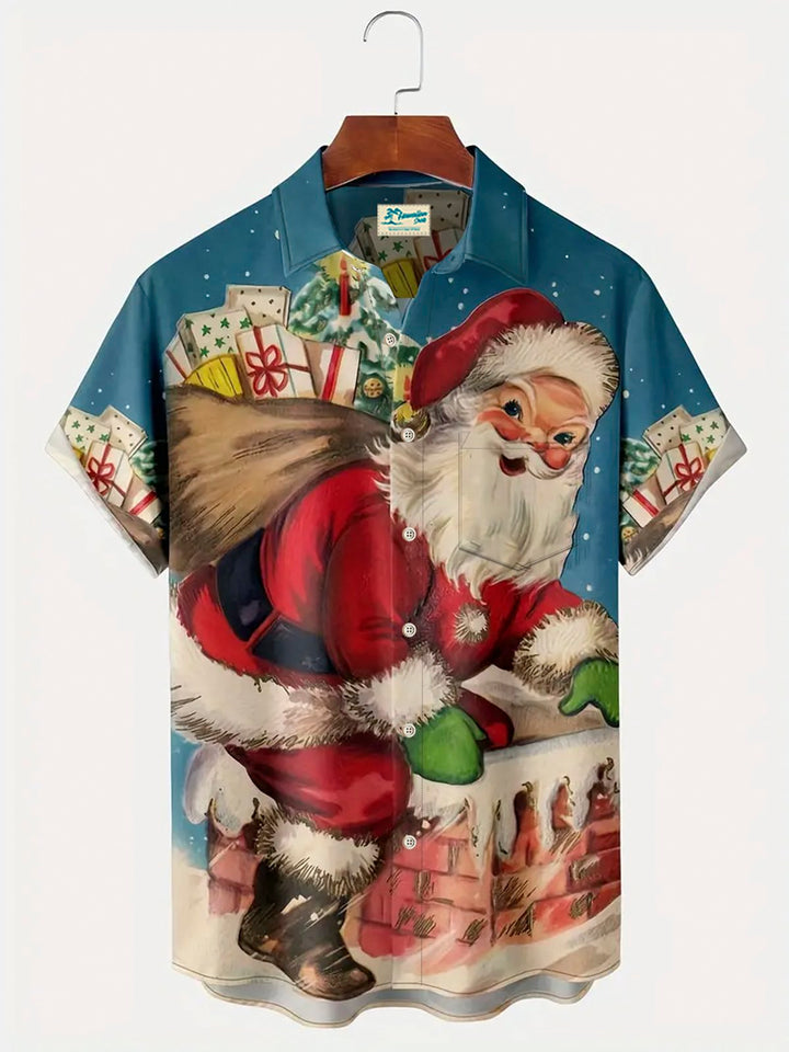 Camisas hawaianas azules navideñas para hombre de Alohadaddy, elásticas, de fácil cuidado, con bolsillos y dibujos animados de Papá Noel, tallas grandes