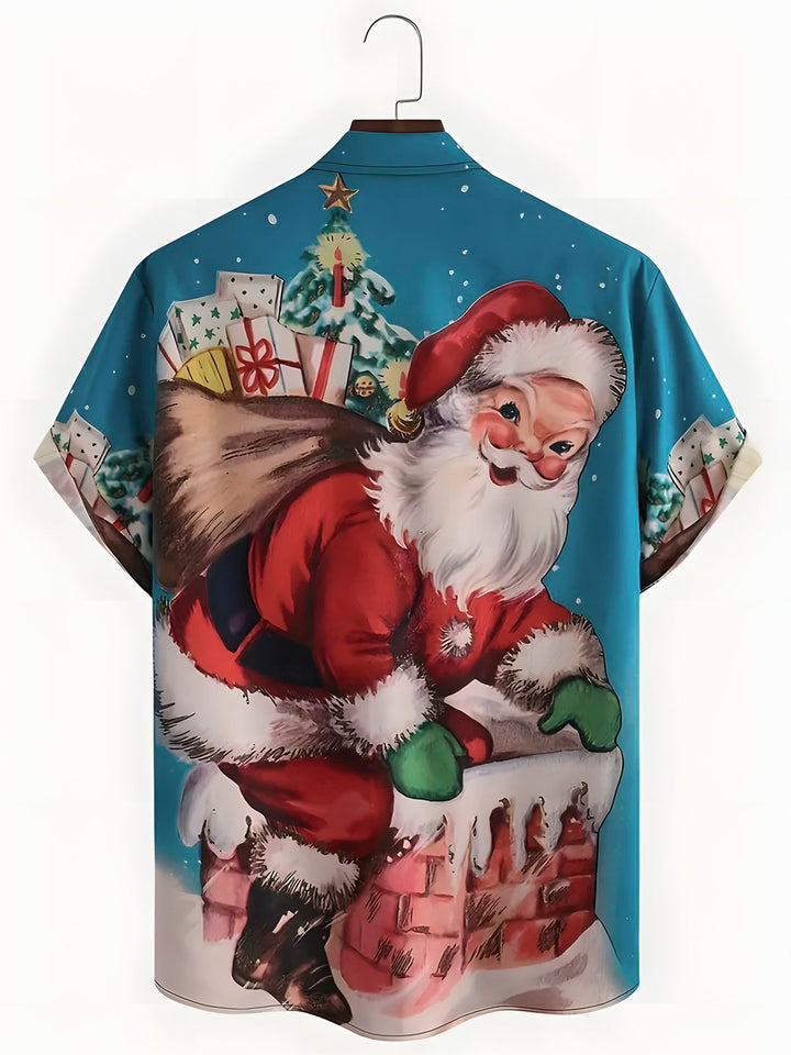 Camisas hawaianas azules navideñas para hombre de Alohadaddy, elásticas, de fácil cuidado, con bolsillos y dibujos animados de Papá Noel, tallas grandes