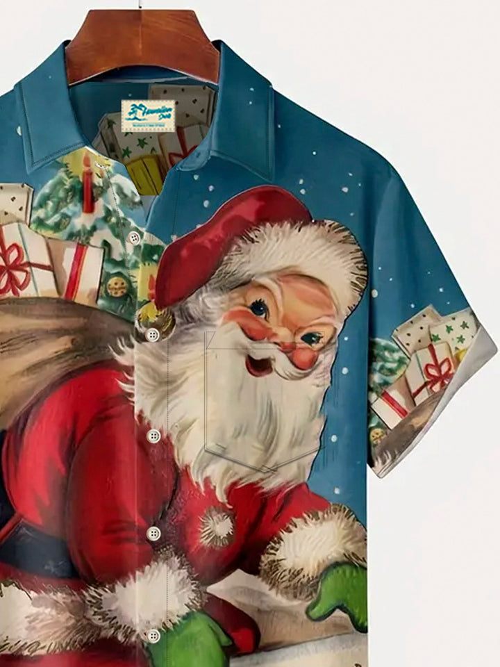 Camisas hawaianas azules navideñas para hombre de Alohadaddy, elásticas, de fácil cuidado, con bolsillos y dibujos animados de Papá Noel, tallas grandes