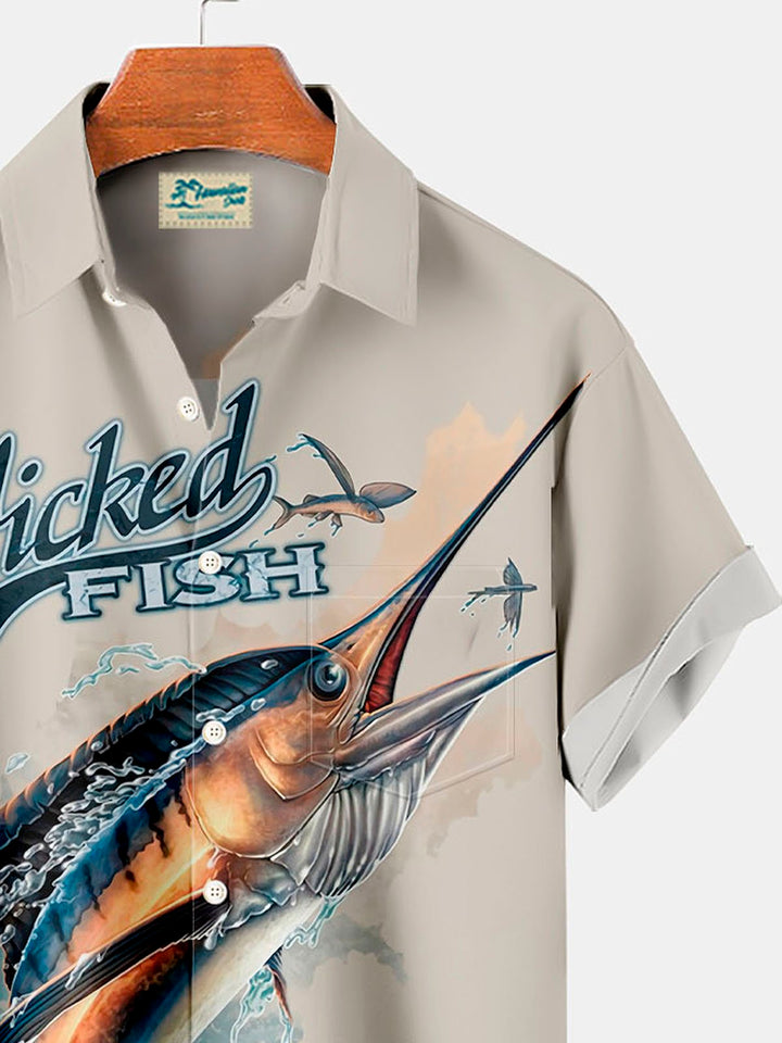 Camisa con botones y bolsillo para hombre con estampado de pez espada y pez vela hawaiano Alohadaddy