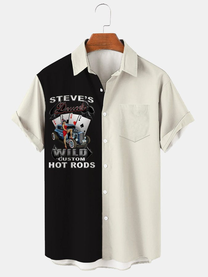 Camisa con diseño creativo y estampado de póster de coche retro para hombre con bolsillos