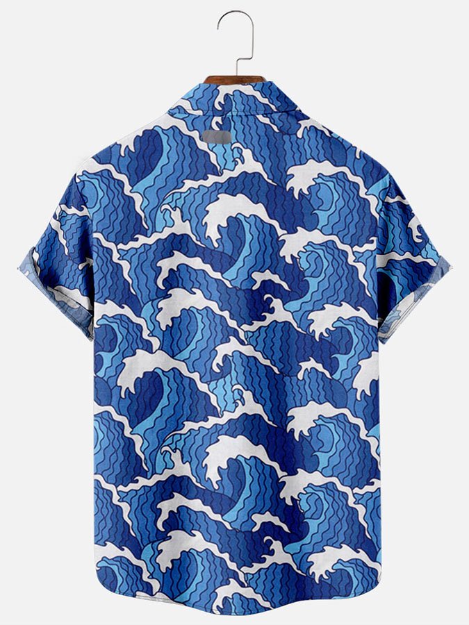 Camisas hawaianas de manga corta con bolsillo en el pecho, informales, transpirables y con estampado de ondas japonesas Ukiyoe para hombre