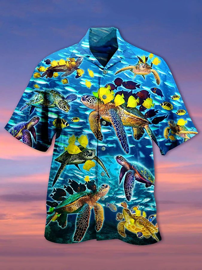 Camisa hawaiana de manga corta con estampado de tortugas y peces para hombre