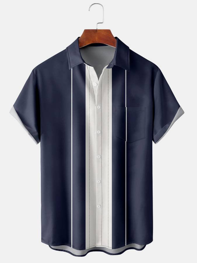 Chemises de bowling classiques à manches courtes et revers à rayures rétro pour hommes avec poche poitrine ample