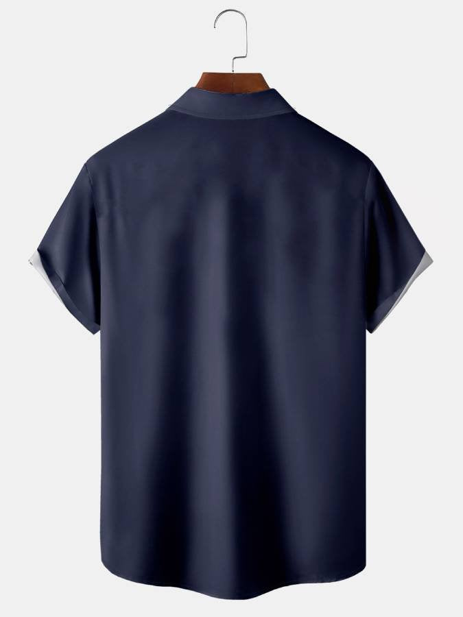 Chemises de bowling classiques à manches courtes et revers à rayures rétro pour hommes avec poche poitrine ample