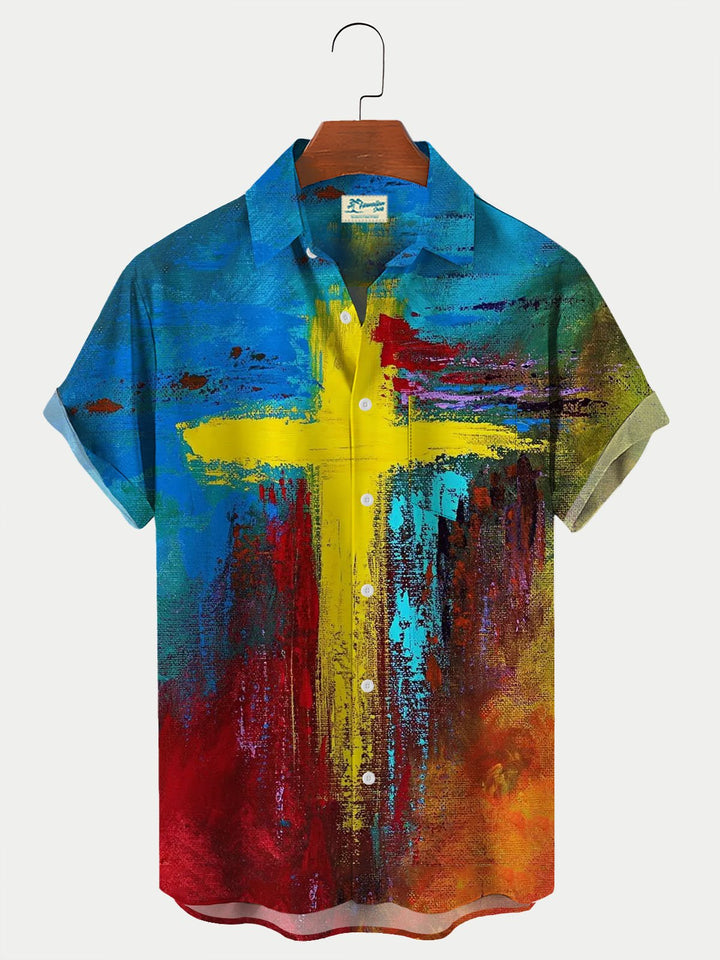 Camisa hawaiana personalizada con estampado artístico de cruz cristiana para hombre, camisa transpirable de talla grande