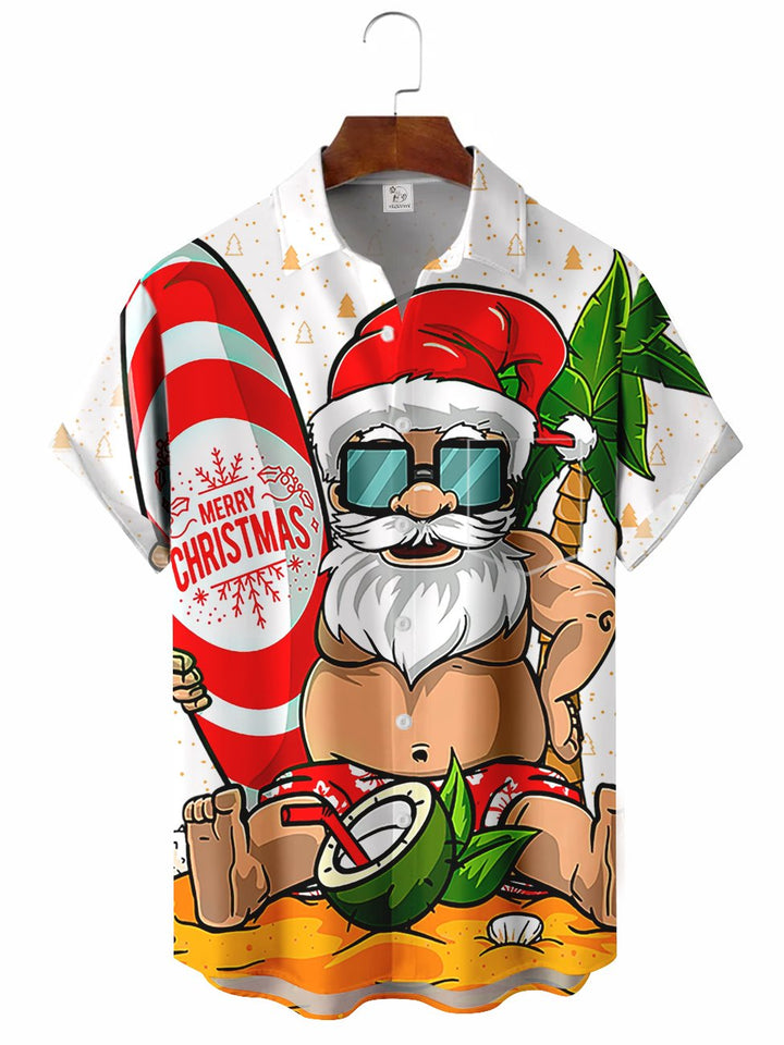 Camisa casual de manga corta con estampado divertido de Papá Noel para hombre