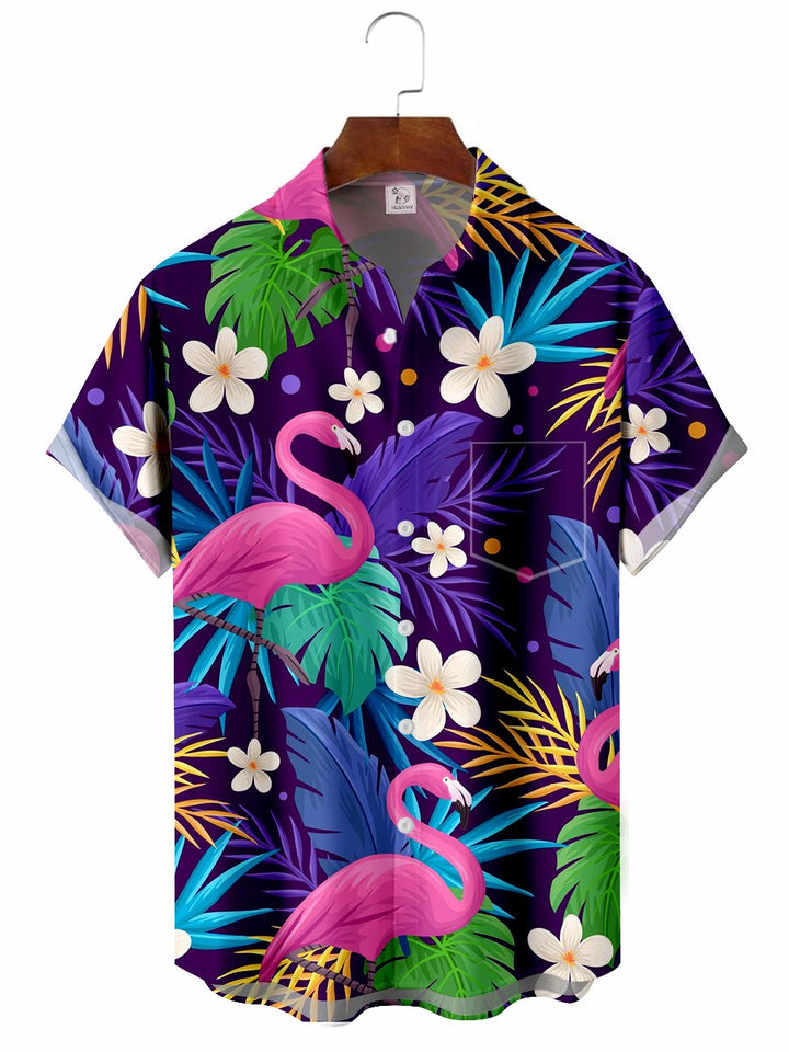 Camisa de manga corta con estampado floral hawaiano y flamenco para hombre
