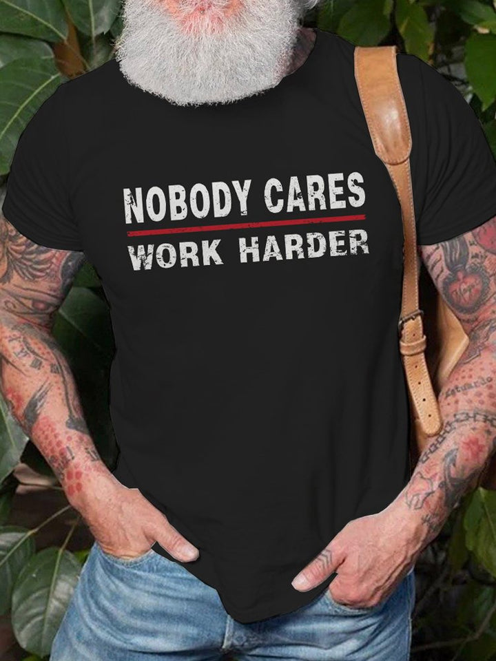 Camiseta básica informal para hombre de tallas grandes y altas con el lema "Alohadaddy Nobody Cares Work Harder"