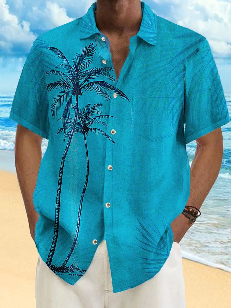 Camisa hawaiana de algodón con bolsillos abotonados y diseño de árbol de coco azul helado para hombre de Alohadaddy