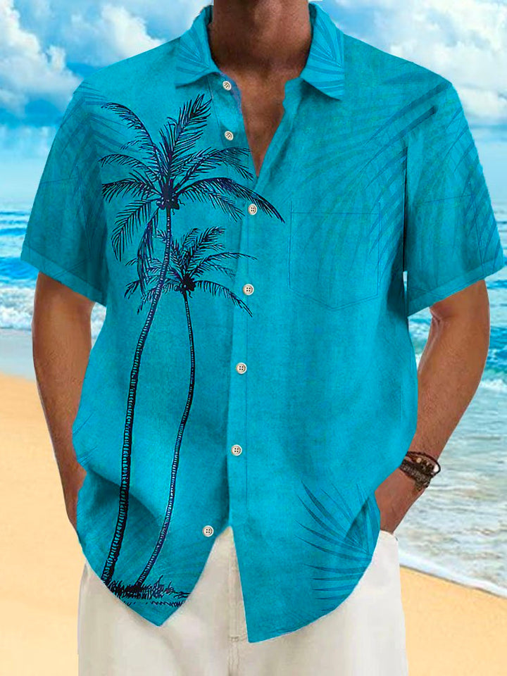 Camisa hawaiana de algodón con bolsillos abotonados y diseño de árbol de coco azul helado para hombre de Alohadaddy