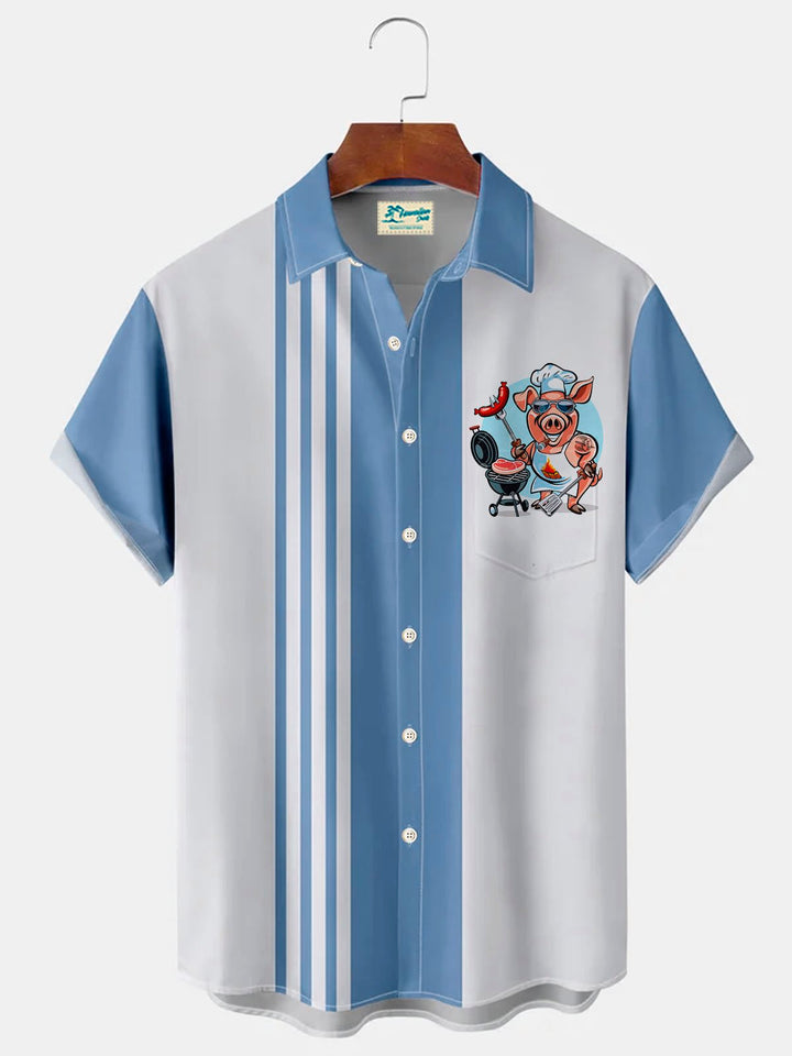 Alohadaddy Vintage Bowling Stripe BBQ Print Men&
