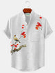 Alohadaddy Cotton Linen Stand Collar Parrot Floral Print Men's Button Pocket Short Sleeve Shirt
