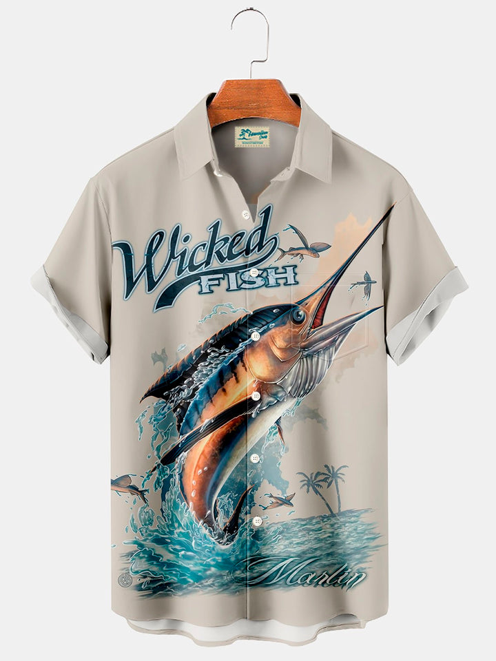 Camisa con botones y bolsillo para hombre con estampado de pez espada y pez vela hawaiano Alohadaddy