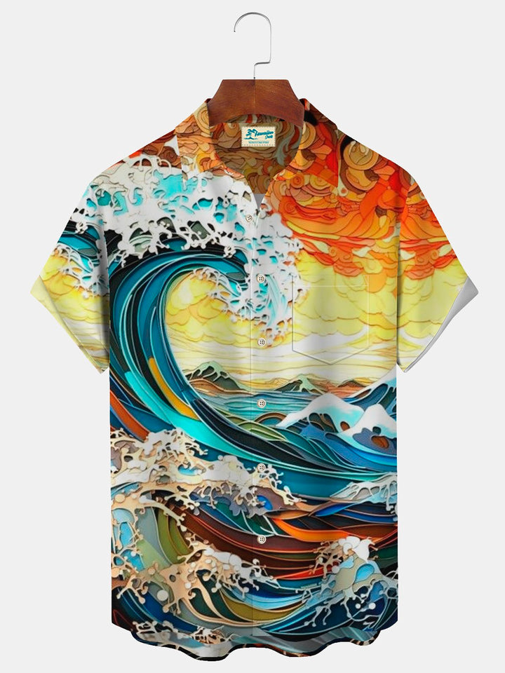 Camisa hawaiana de manga corta extragrande con bolsillos y estampado artístico de olas de Alohadaddy para hombre