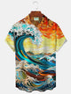 Alohadaddy Wave Art Print Beach Men's Hawaiian Oversized Short Sleeve Shirt with Pockets