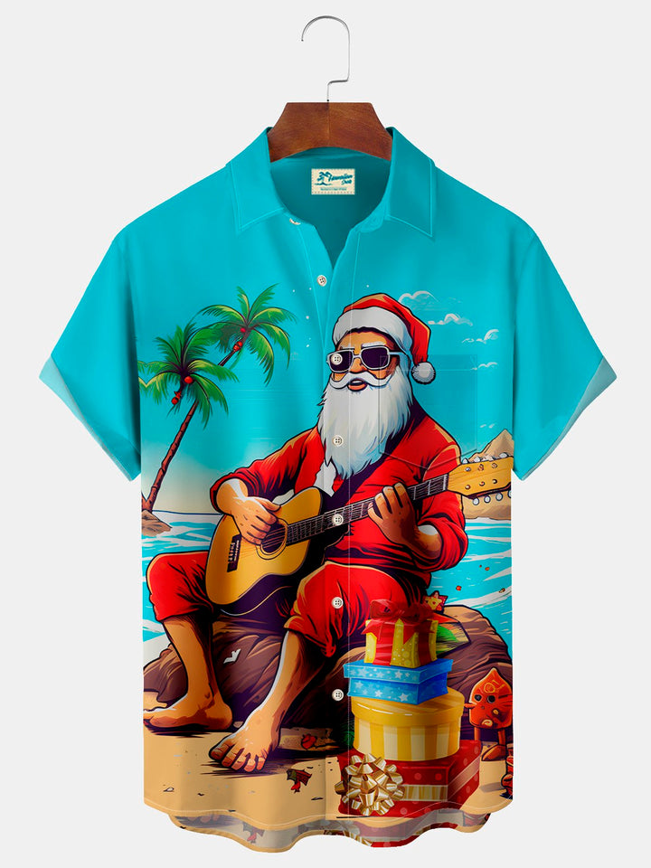Camisa con bolsillo abotonado para hombre con estampado navideño de Papá Noel y guitarra Alohadaddy