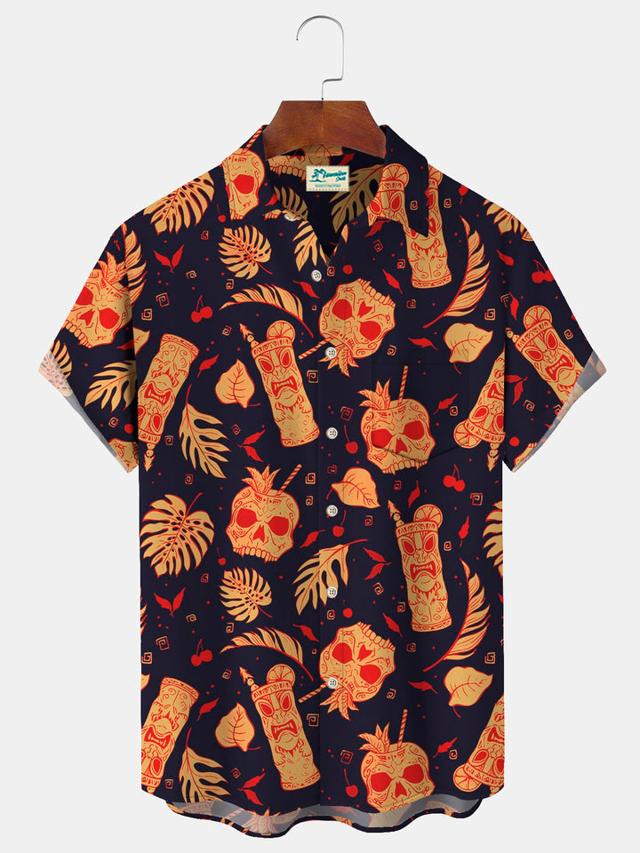 Camisa de manga corta con bolsillo abotonado y estampado de calavera para hombre de Alohadaddy