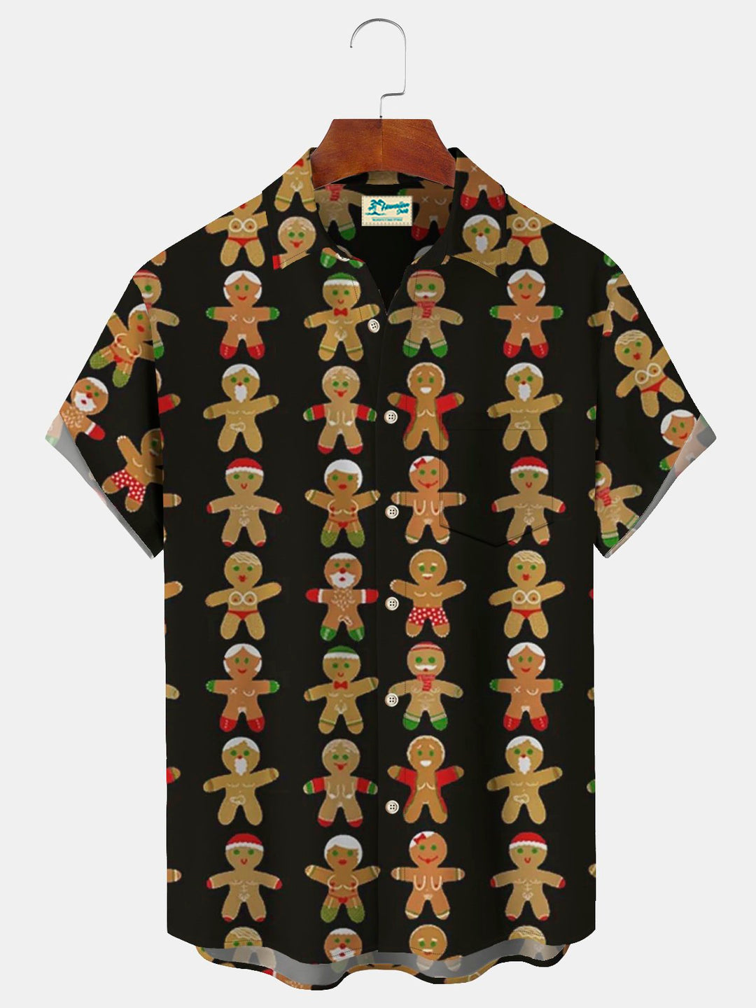 Camisa de manga corta con bolsillo y botones y estampado navideño divertido de galletas para hombre de Alohadaddy