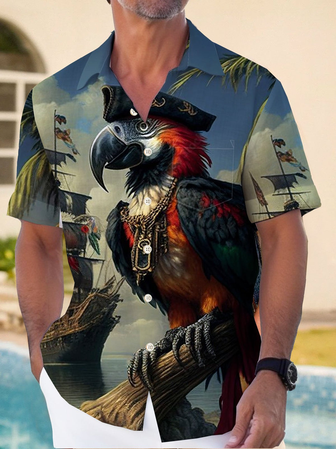 Camisa hawaiana con estampado de piratas y loros para hombre de Alohadaddy, camisa de camping elástica con bolsillo hawaiano y dibujos animados