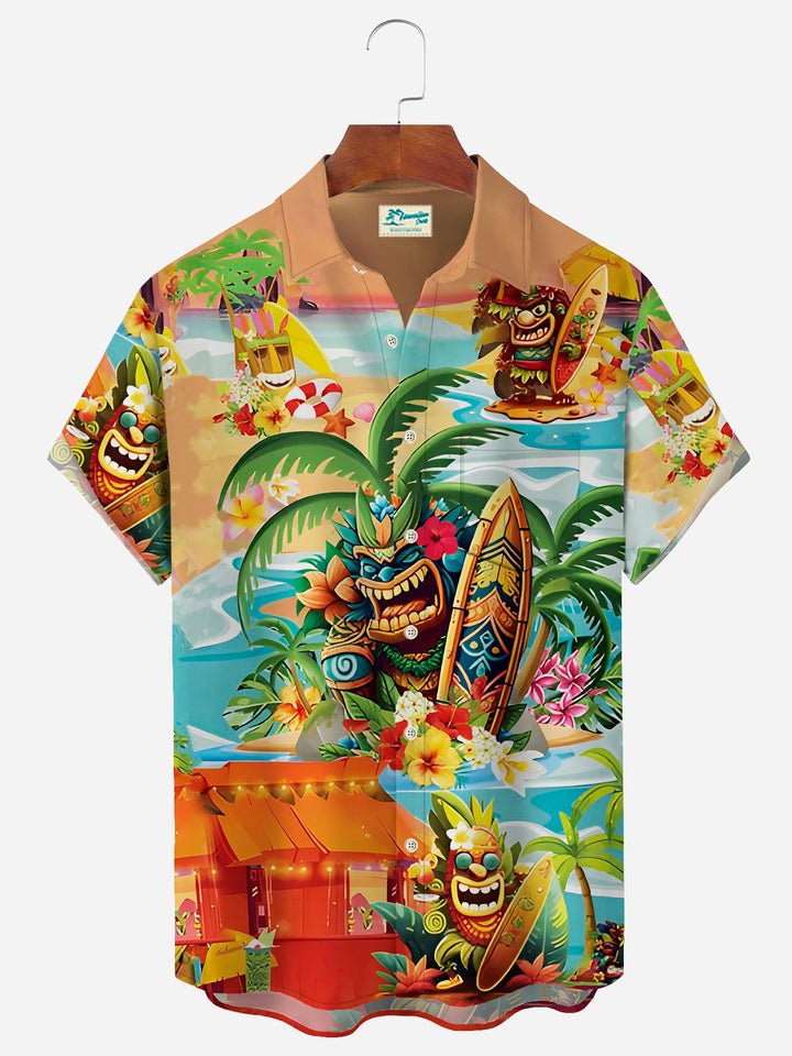 Chemise à boutons et poches pour homme avec imprimé cocotiers hawaïens Tiki d&