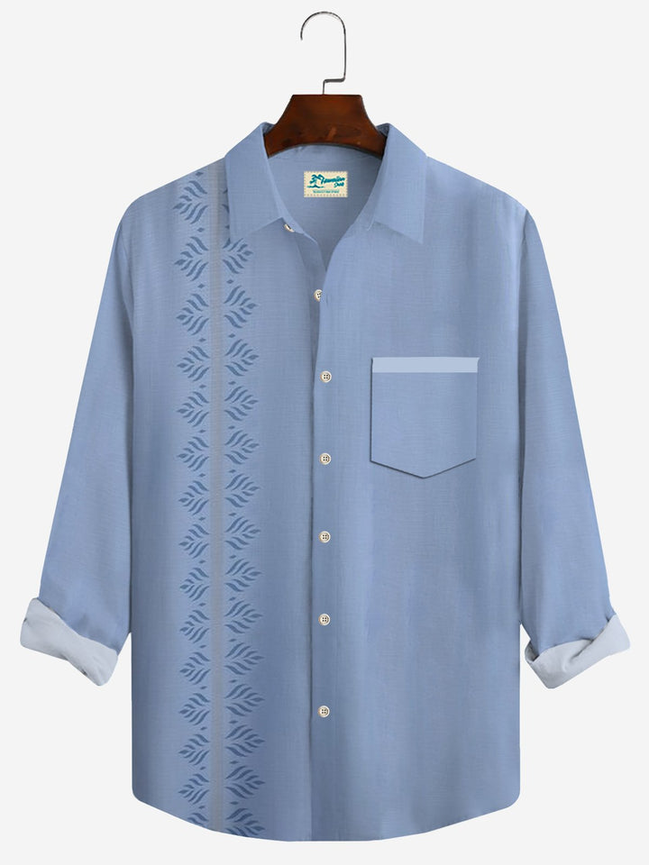Alohadaddy Guayabera Floral Print Resort Beach Long Sleeve Camping Pocket Shirt