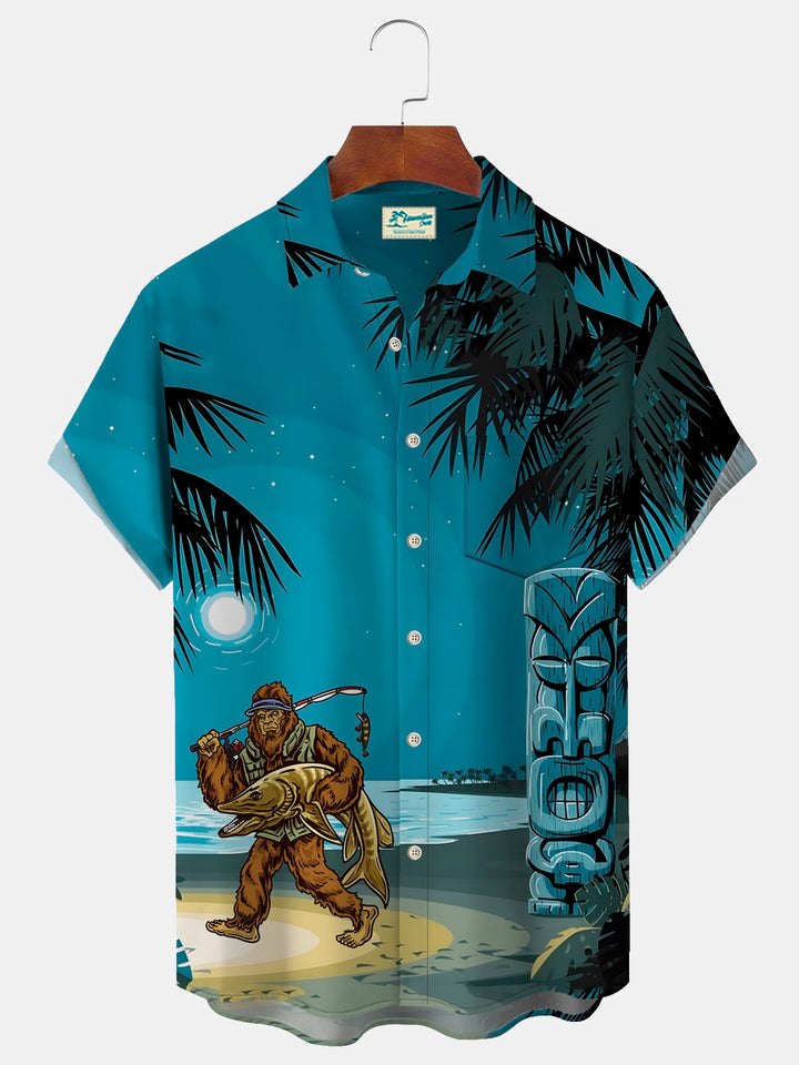 Camisa hawaiana elástica con estampado de Bigfoot y pesca TIKI para hombre de Alohadaddy, camisa de camping con dibujos animados y bolsillo Aloha