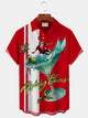 Alohadaddy Vintage Christmas Holiday Red Men's Bowling Shirts Santa Surfing Coconut Tree Cartoon Art Aloha Camp Pocket Hawaiian Shirts