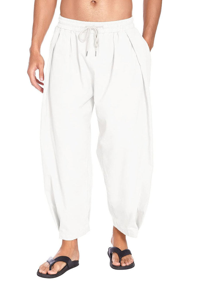 Pantalones capri holgados de lino y algodón con bolsillos y cordón ajustable de Alohadaddy
