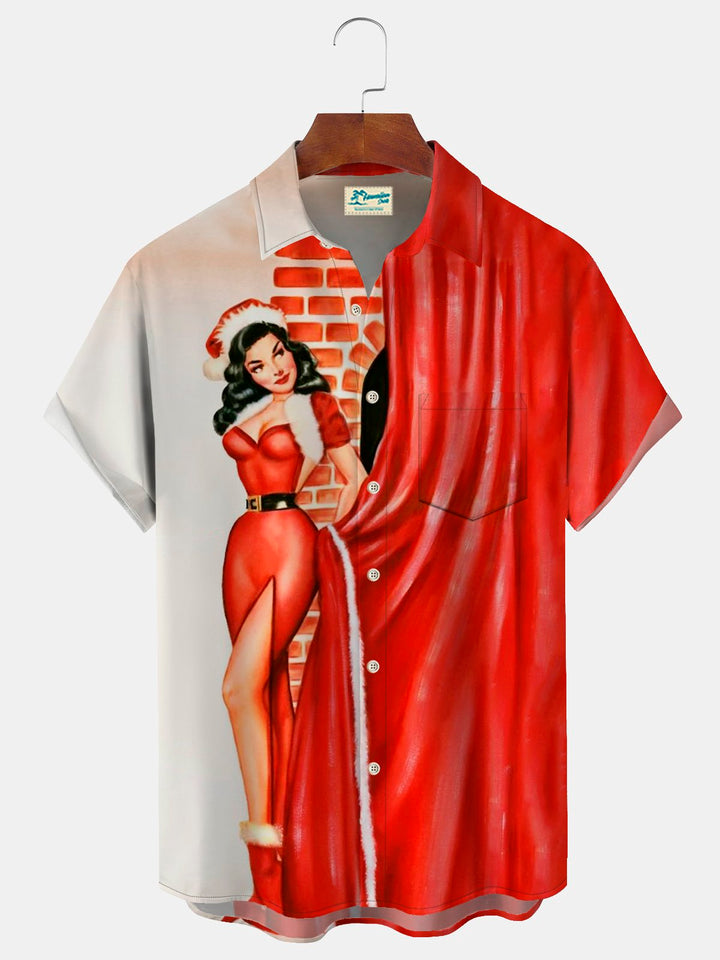 Camisas hawaianas rojas navideñas de Alohadaddy, camisas navideñas con bolsillos para campamento de dibujos animados para niñas, talla grande