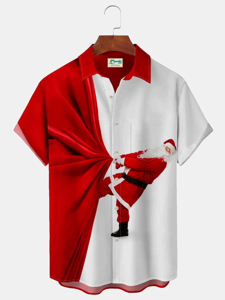 Alohadaddy Christm Santa Claus Printed Button Pocket Shirt for Men