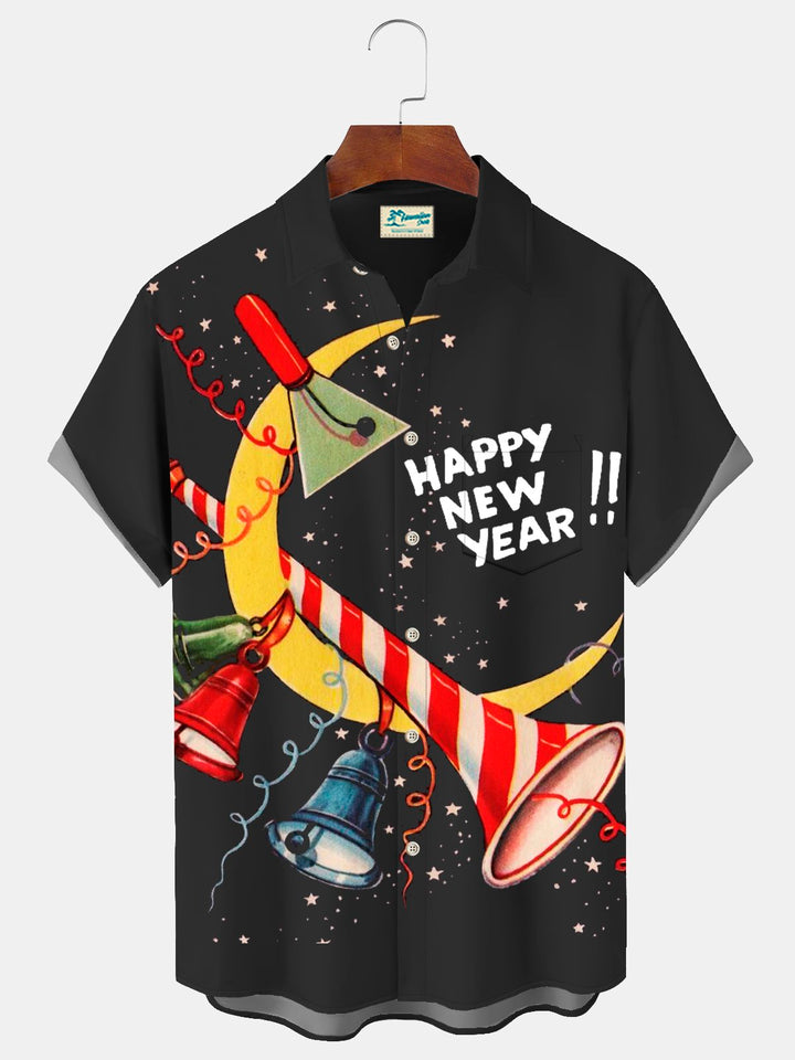Camisa con bolsillo abotonado para hombre con estampado de campana de Año Nuevo Alohadaddy