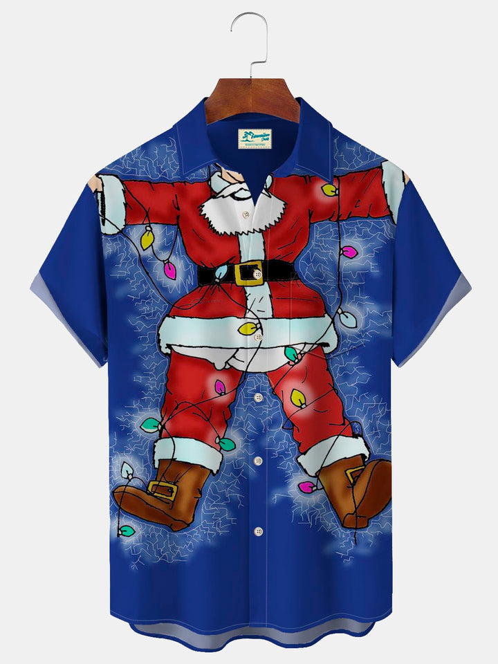 Camisa navideña azul de Alohadaddy para hombre, camisa retro de Papá Noel de los años 50 con bolsillo divertido y dibujos animados, para campamento, talla grande