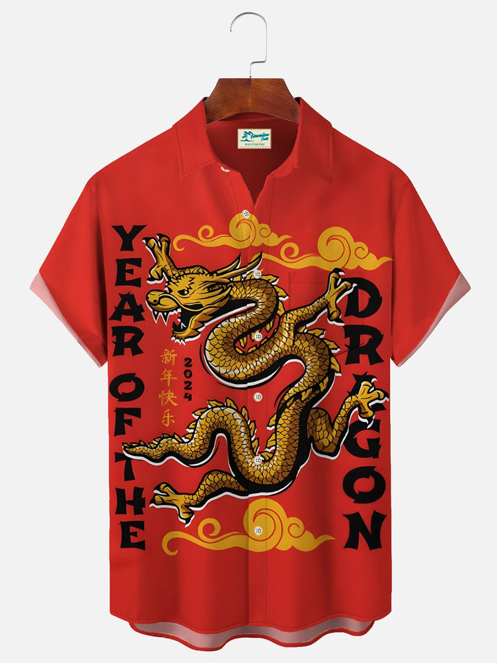 Camisas de hombre Alohadaddy de Año Nuevo con diseño de dragón oriental rojo, elásticas, japonesas, de fácil cuidado, con bolsillos festivos, grandes y altas