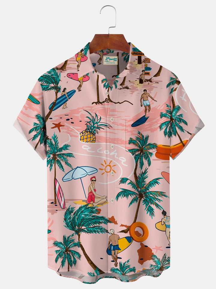 Camisa con bolsillos abotonados para hombre con estampado botánico de surf hawaiano Alohadaddy