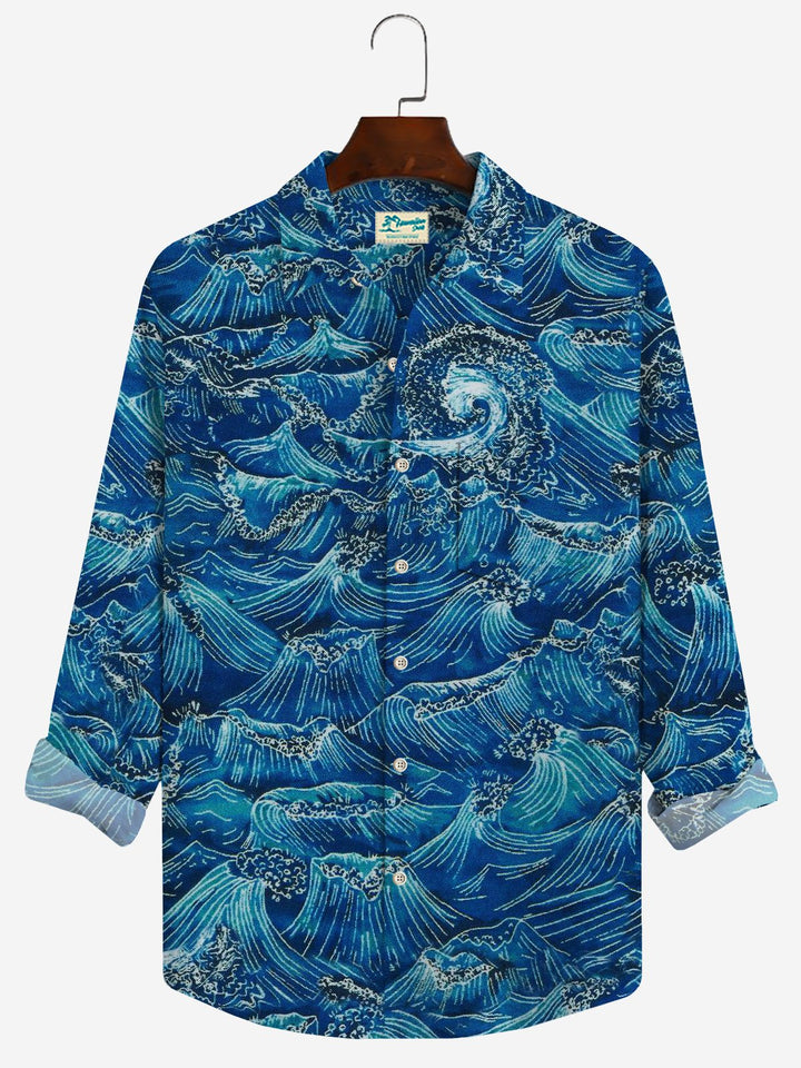 Camisa de manga larga para hombre de estilo japonés Ukiyoe Wave de Alohadaddy, vintage, elástica, de fácil cuidado, con bolsillo, para campamento, talla grande