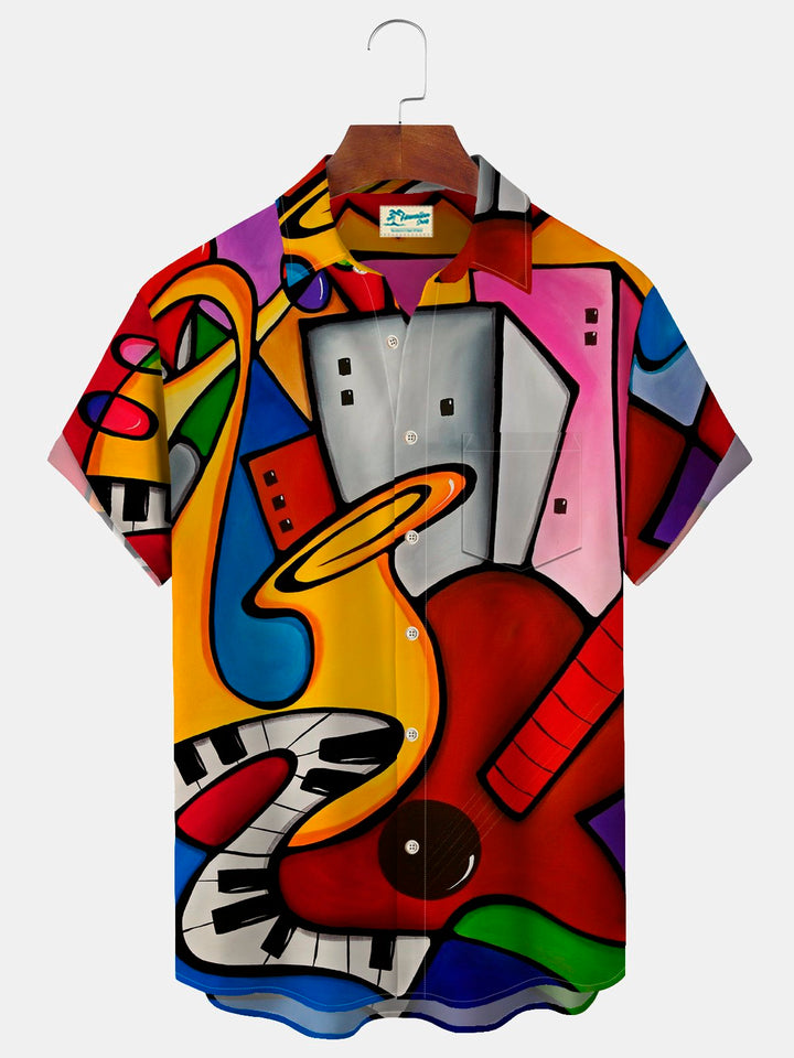 Camisa con bolsillo abotonado para hombre con estampado artístico de instrumentos musicales vintage de Alohadaddy