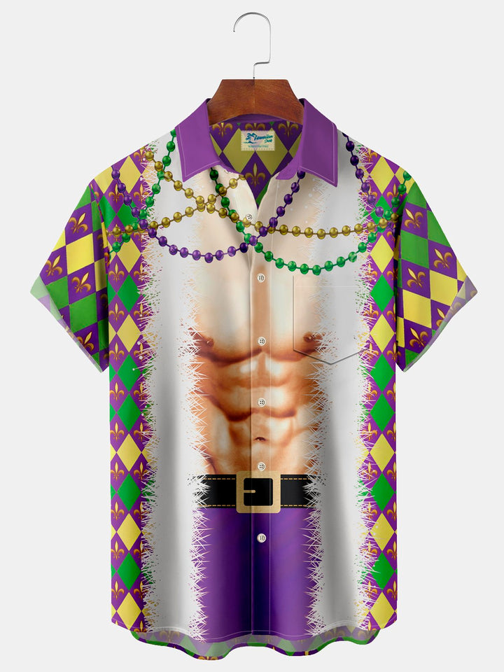 Camisa de manga corta con bolsillo abotonado para hombre con estampado Mardi Gras de Alohadaddy