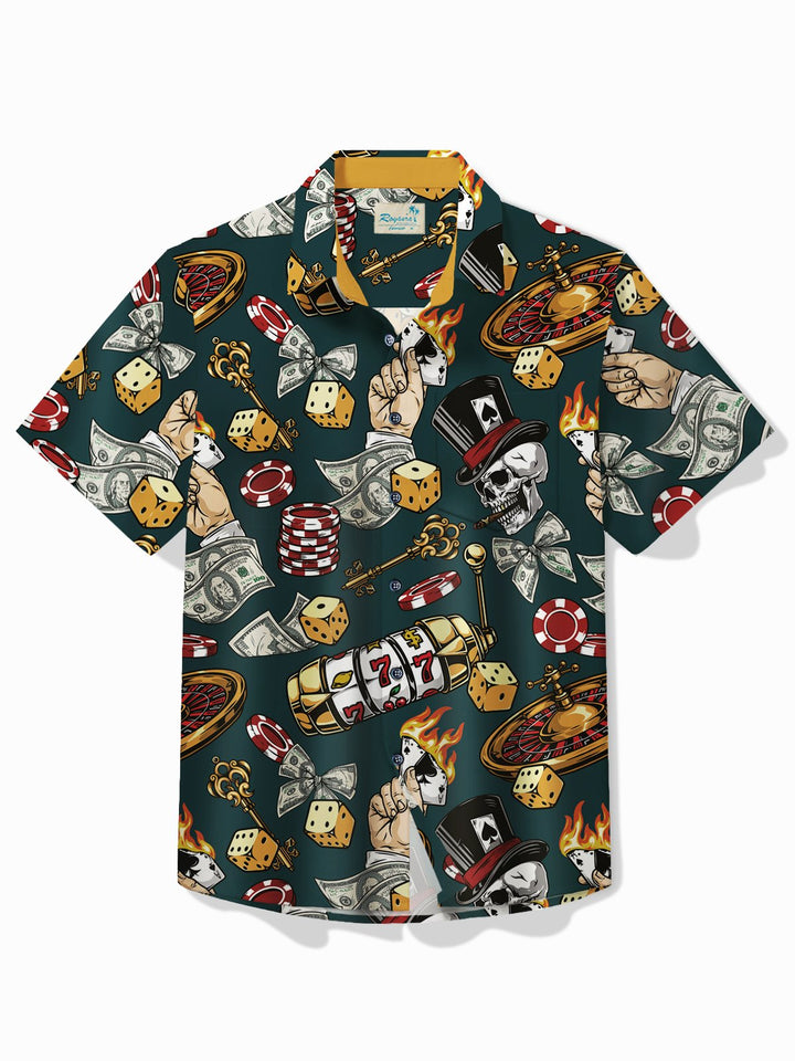 Camisa hawaiana Alohadaddy para hombre, camisa de camping con bolsillo y calavera de póquer de Las Vegas